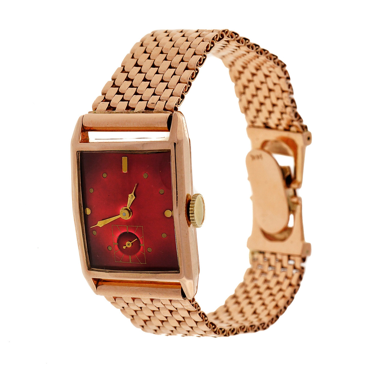 Retro Art Deco 1940 Vivid Red Custom Colored Dial 14k Pink Gold